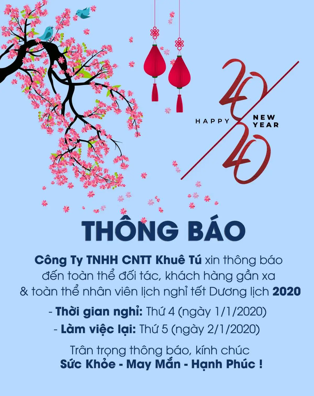 KHUÊ TÚ thông báo lịch nghỉ tết Dương lịch 2020